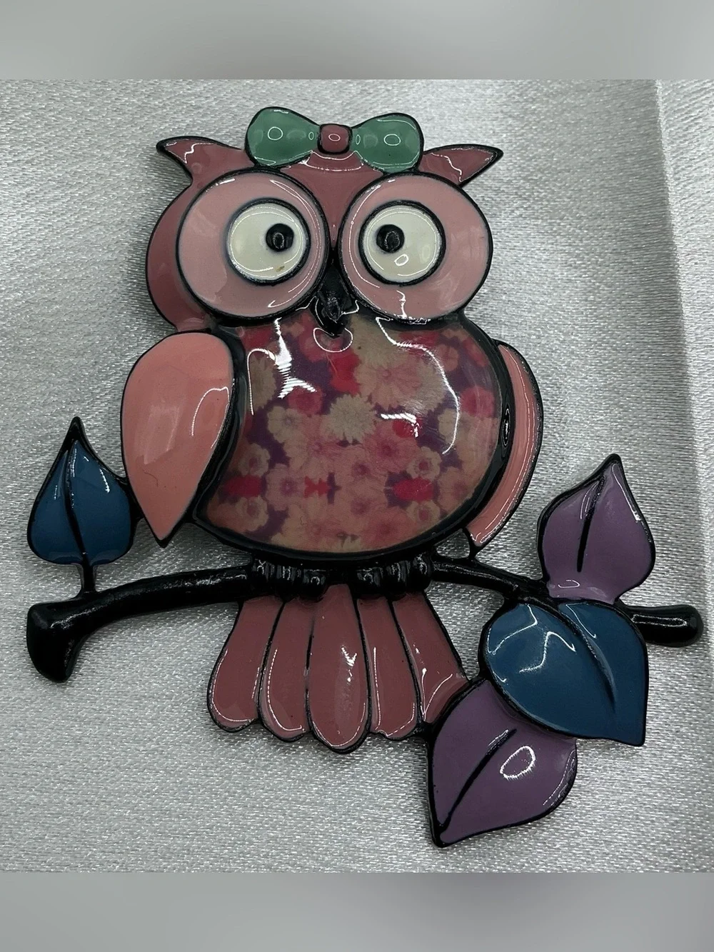 MULTI COLOR ENAMEL FLOWER PRINT BELLY OWL ON BRANCH BROOCH NWOT
